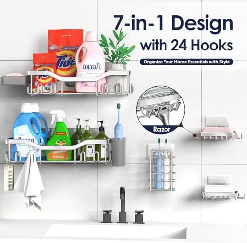 NESOMI Shower Caddy Adhesive Shower Organizer 7-Pack, Rustproof Stainless Steel Bathroom Shelves, Large Capacity No-Drill Rack Storage Accessories with Soap Dish Toothbrush Holder Hooks