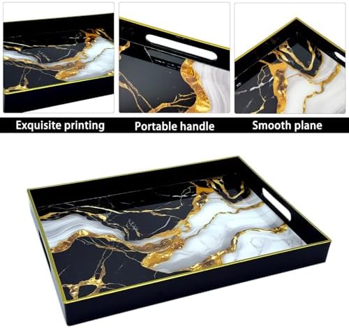 Serving Tray with Handles, 15.7 * 11.8 inches, Plastic Ottoman Tray with Exquisite Paintings, Trays for Coffee Table