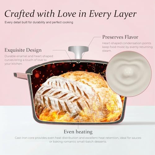 Overmont Enameled Cast Iron Dutch Oven - 2QT Pink Heart-Shaped Mini Pot