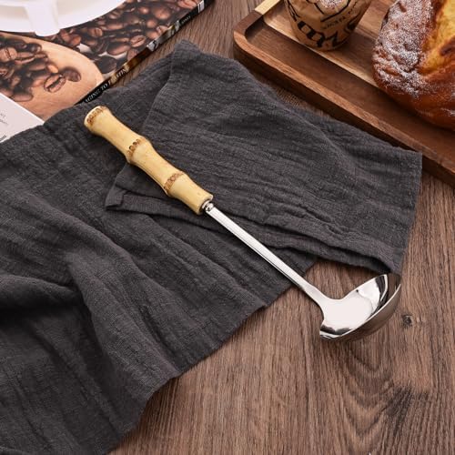 Soup Ladle and Slotted Spoon Set, 304 Stainless Steel Serving Utensils with Natural Bamboo Handle, Soup Spoons For Serving Gravy Hot Pot Or Restaurant, 10.2 Inch, 4 PCS / 2 of Each