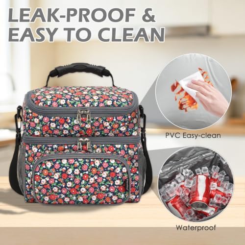 FlowFly Double Layer Cooler Insulated Lunch Bag Adult Lunch Box Large Tote Bag for Men, Women, With Adjustable Strap,Front Pocket and Dual Large Mesh Side Pockets
