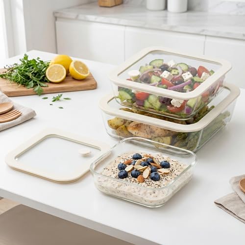 Glass Meal Prep Containers with Lids, Airtight Leak Proof Food Storage Containers, Plastic-Free Silicone Framed Vented Glass Lids, Oven Safe Baking Dishes, Microwave, Fridge, Freezer & Dishwasher Safe