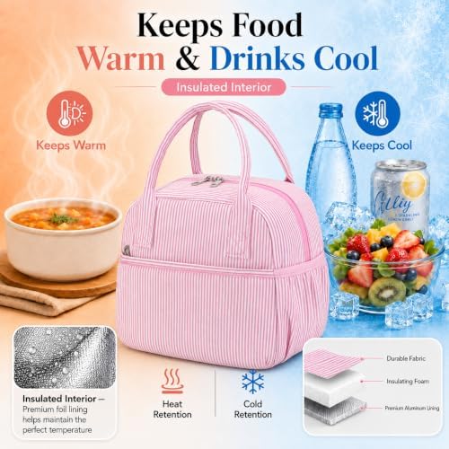 CAMTOP Lunch Box for Women Men Insulated Lunch Bag Lunch Tote Bag Leakproof Thermal Cooler Large Capacity for Travel Work School Picnic (Pink Stripe, Medium)