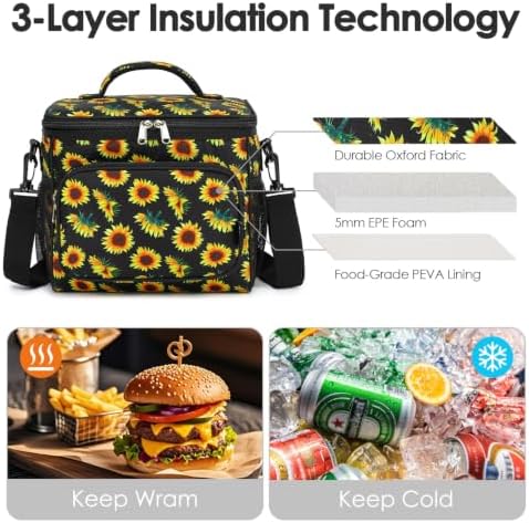 FlowFly Insulated Reusable Lunch Bag Adult Large Lunch Box for Women and Men with Adjustable Shoulder Strap,Front Zipper Pocket and Dual Large Mesh Side Pockets,Sunflower