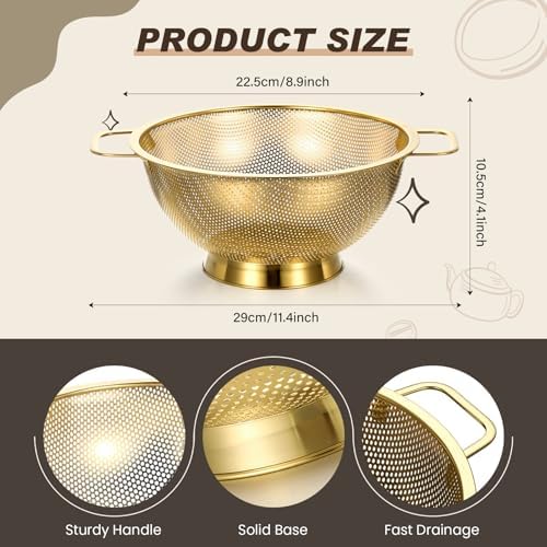 Norme 3 Quart Gold Colander and 3 Metal Fine Mesh Strainer Set