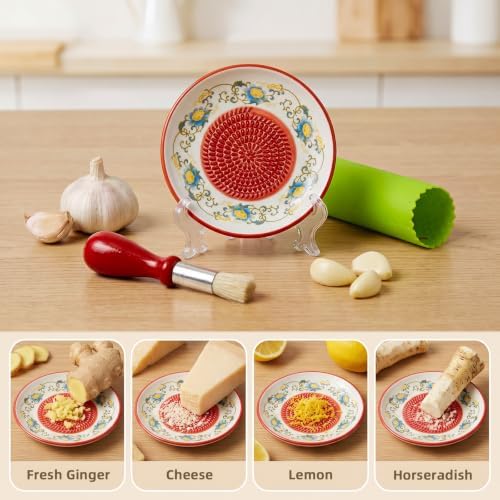 Ceramic Garlic Grater Plate Set – Hand-Painted Floral 4-Piece Set with Silicone Peeler, Cleaning Brush & Display Stand – Porcelain Grater Dish for Garlic & Ginger(Red)