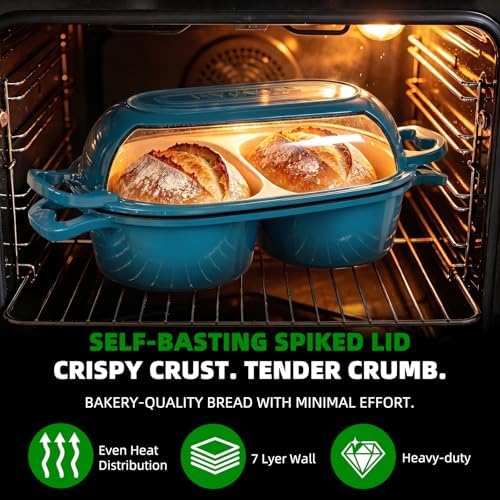 Enameled Cast Iron Double Round Bread Loaf Pot with Lid – Emerald