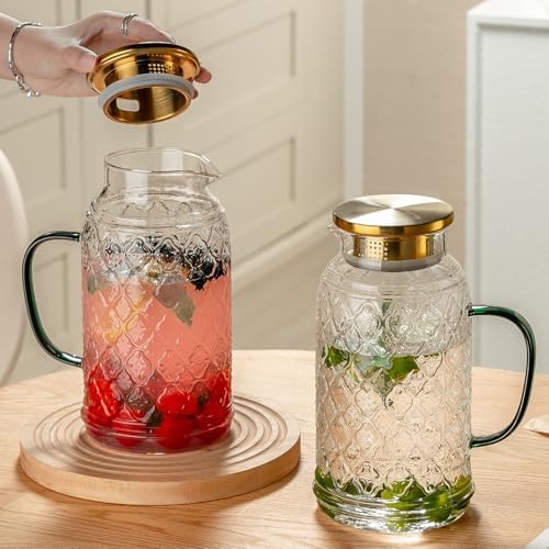 Buaic Glass Pitcher with Lid, 2 PACK 68 oz/2 Liter Vintage Water Pitcher