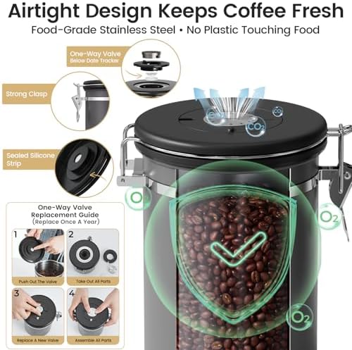Veken Coffee Canister with Window, Airtight Stainless Steel Container,Date Tracker, Kitchen Food Storage Jars for Beans, Ground, Espresso, Rice,Tea, Sugar, Cereal, Gifts, Scoop, Grey, 22OZ (Pack of 2)