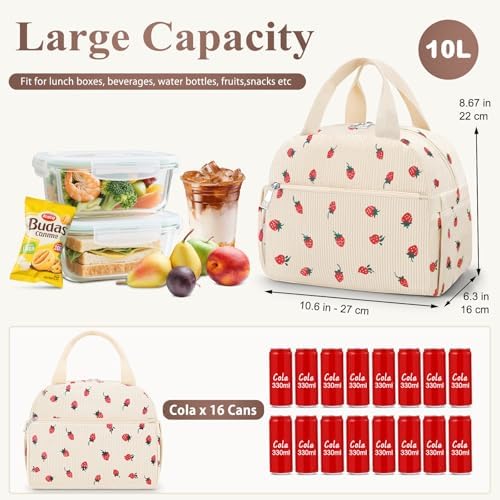 KUBYA Lunch Box for Women, Cute Strawberry Corduroy Insulated Lunch Bag Women Reusable Work Leakproof Simple Adults Large Lunch Boxes Tote Bag Men Cooler Bag