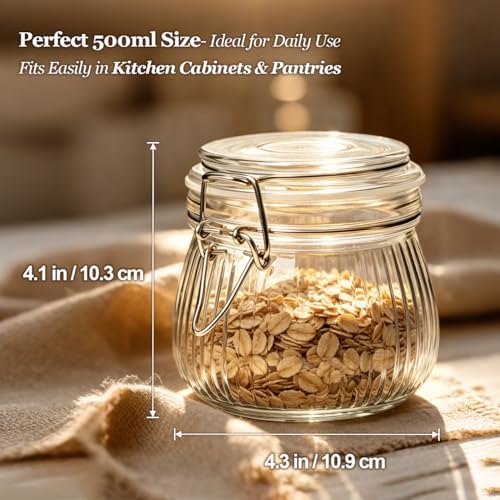 ComSaf Small Ribbed Glass Jars with Airtight Lids 17 oz 6 Pack Wide Mouth