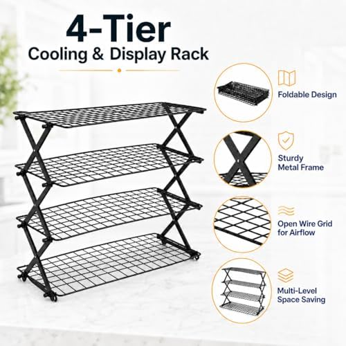 4-Tier Collapsible Cooling Rack, Cooling Rack for Baking, Cookie Rack, Outdoor Camping Food Shelf, Heavy Duty, Ideal for Cake, Bread, Cookies, Barbecue