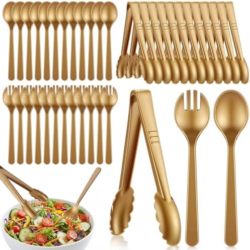 FoldTier 36 Pcs Disposable Plastic Serving Utensils Set Gold Serving Spoons Forks Tongs, Disposable Utensils for Party Weddings Birthday Dinner Buffets Banquets
