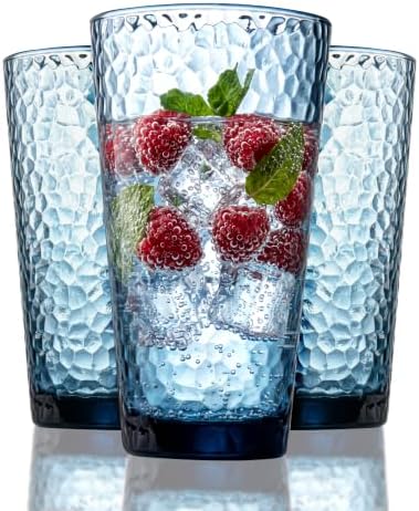 Amyoole Drinking Glasses Set of 8, 16oz Blue Hammered Glass Cup for Kitchen