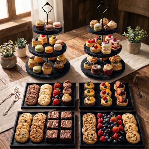 6pcs Wooden Dessert Table Display Set, 3 Tier Cupcake Stand Set with Serving Trays, Rustic Dessert Display Stand, Cake Stand Set for Wedding Dessert Table, Birthday, Baby Shower, Party Food Display, Home Decor