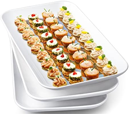 DELLING 14 Inch Large Serving Platter Set of 3, White Porcelain Serving Trays for Entertaining, Rectangular Platters for Turkey Meat Appetizer Party, Oven Microwave Dishwasher Safe Dinnerware