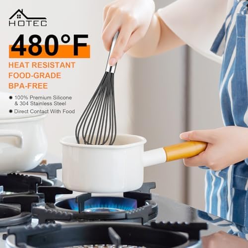 HOTEC 4 Pieces Silicone Whisks Set, Wire Balloon Whisks for cooking Egg Beater, Non-slip Handle Whisk for Non-stick Cookware Perfect for Cooking, Stirring, Beating and Blending,Black