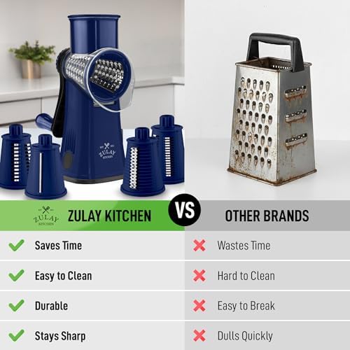 Rotary Cheese Grater Manual Hand Crank 5 Blade Shredder, Sapphire