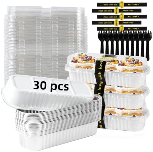 30 Pack Mini Loaf Pans with Lids and Spoons, 6.8 oz White Disposable Cake Pans for Desserts
