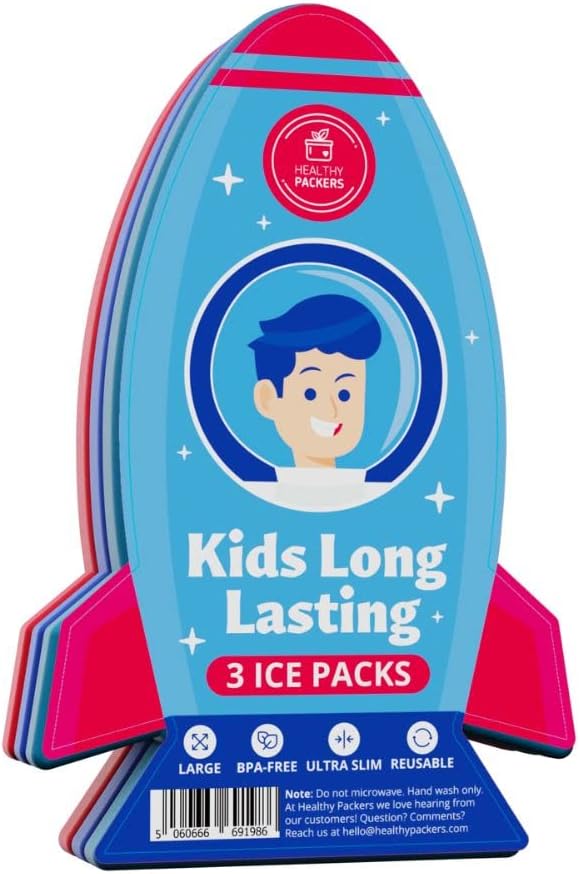 Healthy Packers® Slim Reusable Ice Packs for Lunch Boxes Kids and Adults | Long‑Lasting Thin Freezer Packs for Coolers, Bento Boxes,Lunch Bags, Travel, School Meals, and Meal Prep (3-Pack | Spaceship)