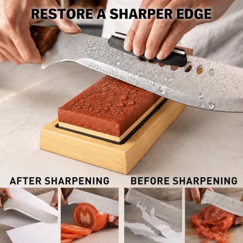 12-Piece Knife Sharpening Stone Set, Whetstone 4 Side 400/1000 3000/8000 Grit, Whetstone Knife Sharpener Stone Kit, Leather Strop, Angle Guide, Flatting Stone, Polishing Compound, Honing Guide