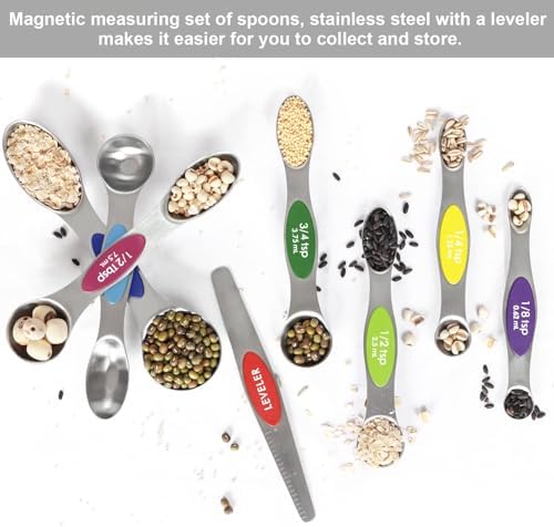 Magnetic Measuring Spoons Set Stainless Steel with Leveler, 9pcs Multicolors Measuring Cups Set for Baking, Measuring Cups and Spoon Set Kitchen Gadgets Apartment Essentials Fits in Spice Jars