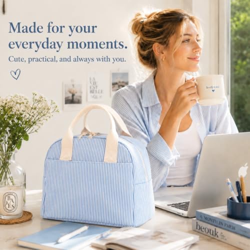 LOVELYWIND Lunch Box for Women, Insulated Lunch Bag, Blue Stripe Tote