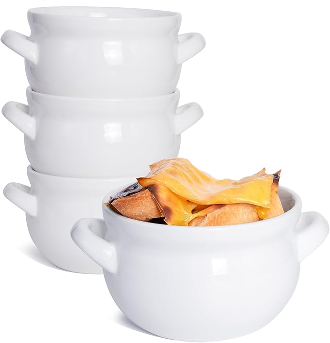 Soup Bowls with Handles, 16 Oz Ceramic French Onion Soup Bowls - Stackable Oven Safe Bowls Serving Soup Crocks for Soup, Cereal, Chilli, Pot Pies, Set of 4, White