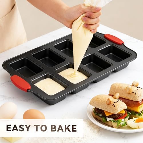 2 Pack Mini Loaf Pans, 8 Cavity Loaf Baking Pans With Silicone Handle Black