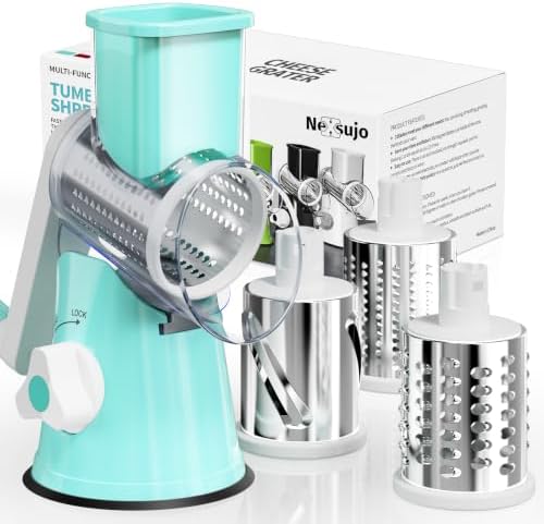 Cheese Grater Hand Crank, Rotary Cheese Shredder with 3 Interchangeable Blades for Coarse, Fine Shredding and Slicing, Strong Suction Base for Pizza, Pasta, Salad, Vegetables, Nuts, Chocolate