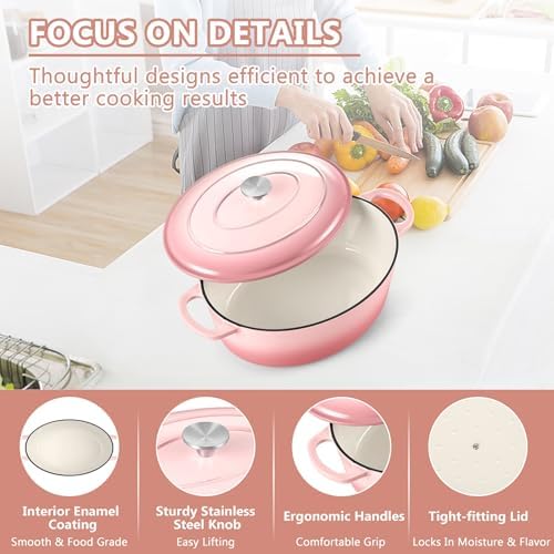 TeamFar 7QT Oval Dutch Oven, Enameled Cast Iron Dutch Oven Pot with Lid