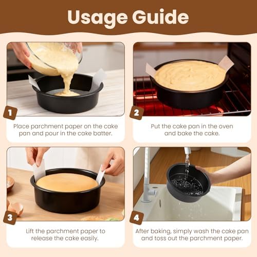6 Inch Round Cake Pan Set of 3 - Nonstick Carbon Steel Cake Baking Pans with 100 PCS Parchment Paper, Dishwasher Safe, Durable for Layer Cakes, Birthday & Christmas Baking