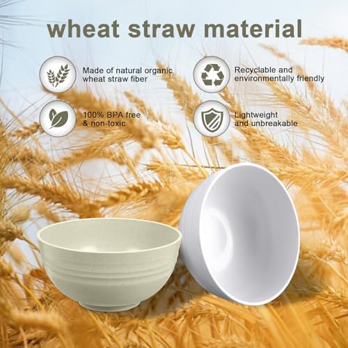 HEYCOME 12 Pcs Unbreakable Cereal Bowls Set, 26 Oz Wheat Straw Bowls Set, Microwave & Dishwasher Safe Bowls for Kitchen, Reusable Plastic Bowls for Soup, Salad and Snack, BPA Free, Beige