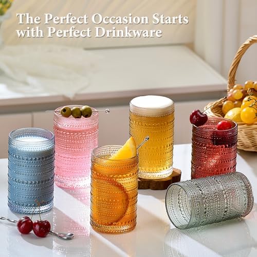Colored Hobnail Drinking Glasses Set of 6, 12oz Vintage Kitchen Glassware, Embossed Beaded Glass Cups, Water Glasses, Colorful Water Tumbler for Cocktail, Juice, Various Mixed Drink (Dishwasher Safe)