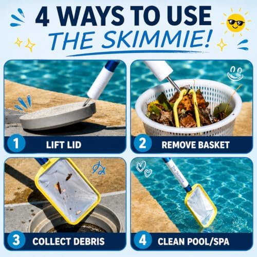 The Skimmie (Long Version) Pool Skimmer Net & Pole 53" with Stainless Steel Hook, Two Skimmer Basket Handles, Fine Mesh Net & Skimmie Dip - Hands-Free Removal of Debris, Bugs, Frogs, Small, Animals