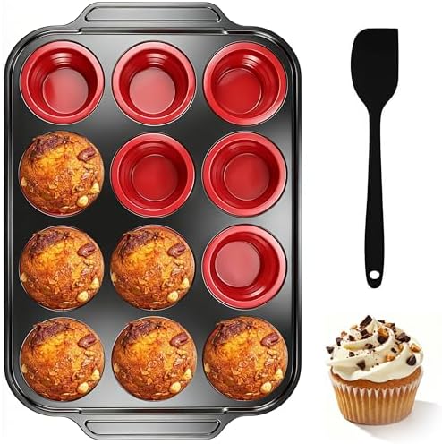 12-Cup Collapsible Silicone Muffin Pan with Metal Frame & Spatula - Space Saving Foldable Cupcake Tray - Easy Release Baking Mold for Egg Bites, Muffins & Tart - Dishwasher Safe Red