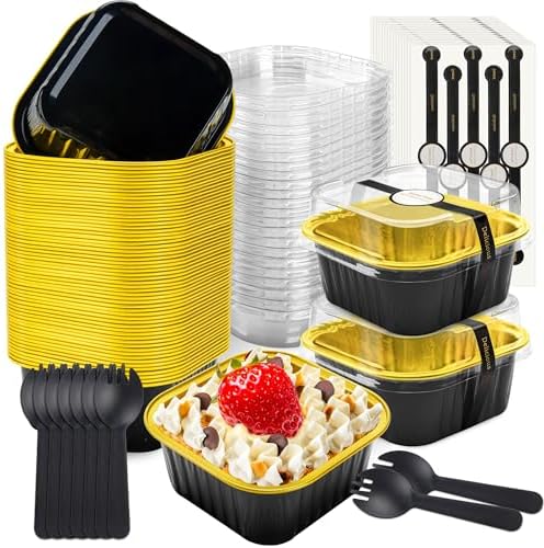 NPLUX Square Foil Cups with Lids, 50 Pack Black Gold 5oz for Weddings