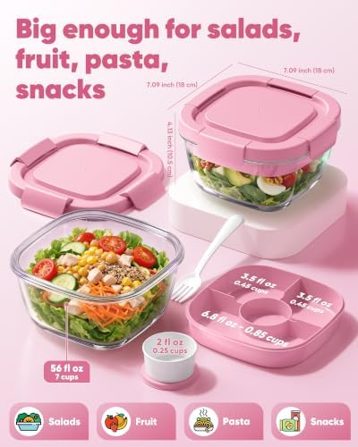 Canfanni Glass Salad Container, 56oz Bowl with Airtight Lids, Tray, Fork