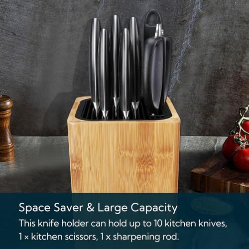 Deluxe Universal Knife Block with Slots for Scissors and Sharpening Rod - Bamboo Knife Holder For Safe, Space Saver Knives Storage - Unique Slot Design to Protect Blades - by KITCHENDAO