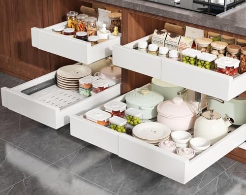 Seinloes Pull Out Cabinet Organizer,4-Side Expandable to Maximize Cabinet Space,Slide Out Drawers with 3 Rail Design,Roll Out Shelf with Raising Pad for Framed Cabinet,13"-21"W x 17"-24"D,White,4 Pack