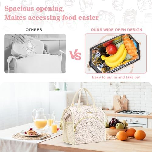 LOKASS Insulated Lunch Bag Women- Reusable 10 L Lunch Box for Women - Leakproof Tote Cooler Bag for Adults Work, Beach, Travel, Picnic （White Small Florals）