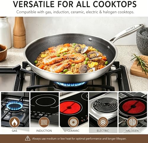 Inqibee 10.5 Inch Hybrid Stainless Steel Wok Pan with Lid, Ceramic Coating