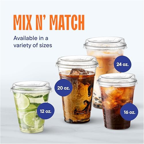20 oz Clear Plastic Cups with Strawless Sip-Lids [50 Sets] PET Crystal Clear Disposable 16oz Plastic Cups with Lids - Crystal Clear, Durable Cup - BPA Free + Crack Resistant, for Coffee, Juice, Shakes