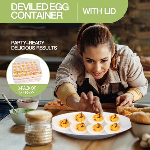 90 Deviled Egg Containers with Lid (Set 3),Plastic Easter Deviled Egg Tray Carrier with Handl Injector Piping Tool,Clear Storage Deviled Egg Platter Holder for Refrigerator Party Picnic Party Events