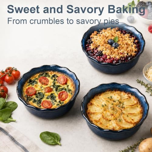 ONEMORE 6 Inch Ceramic Mini Pie Pans Set of 4, Deep Dish Pie Plates with Fluted Edges, Blue Gradient Small Baking Dishes for Pot Pies, Quiche, Tarts and Individual Desserts, Oven Safe