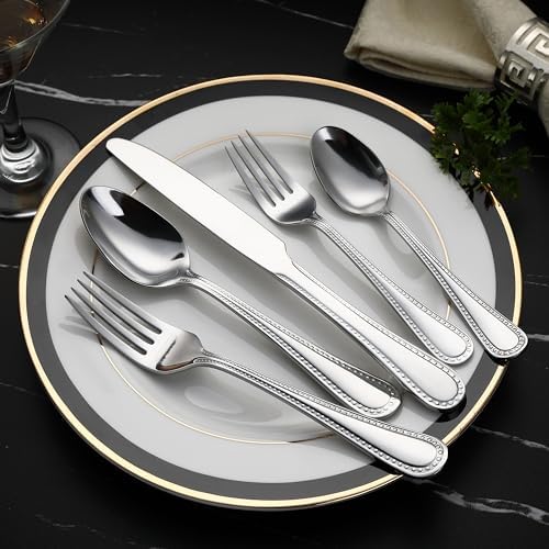 Amazon Basics Silverware Set, Stainless Steel Flatware, Dishwasher Safe, Easy to Clean, Service for 4, 20-Piece Forks and Spoons, Pearled Edge