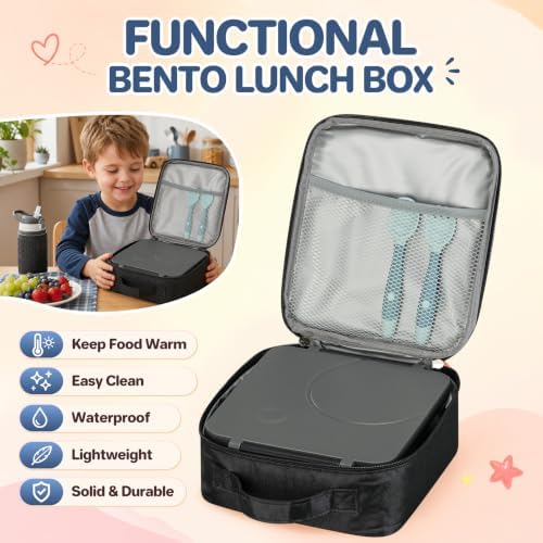 Itslife Bento Lunch Box for Kids with 8oz Soup Thermo&Lunch Bag, Leak-Proof Lunch Food Containers with 4 Compartment, Hot Food Insulated Food Jar for Kids School (Black)