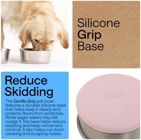 GORILLA GRIP Dog Bowls, Food Grade Stainless Steel, Set of 2, 8 Cup, Pink