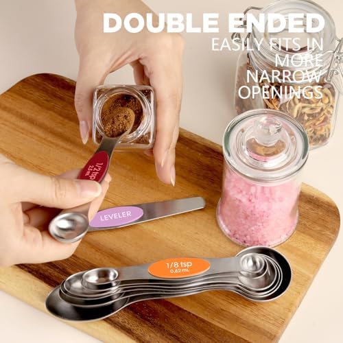ChefAide Set of 8 Magnetic Measuring Spoons, Stainless Steel, Dual Sided