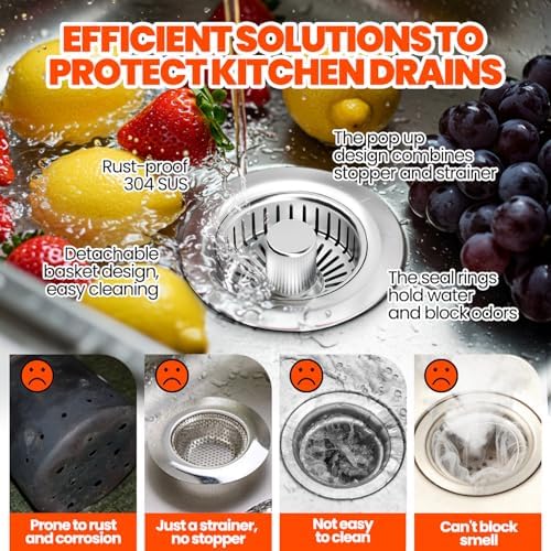 3 in 1 Kitchen Sink Drain Strainer and Stopper Brushed Silver